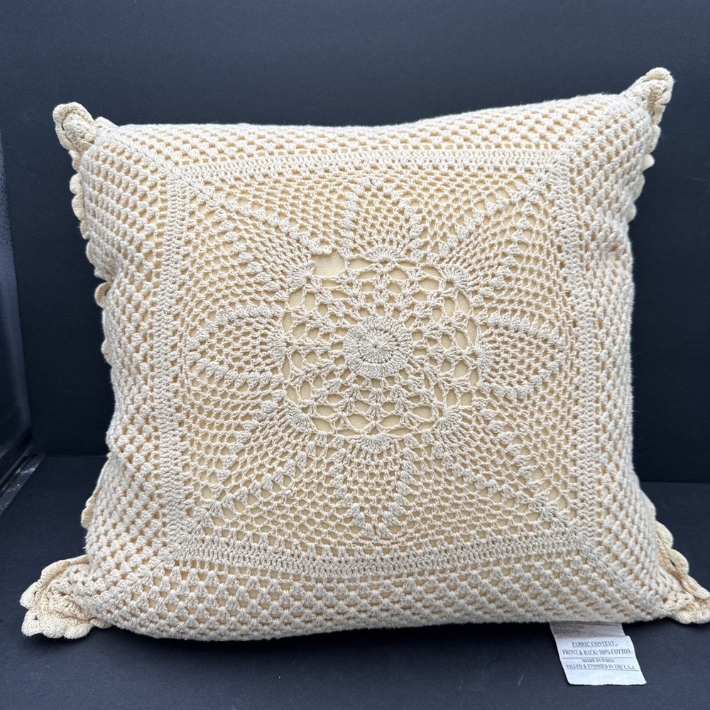 Vtg Star Crochet Devi Designs Feather Filled Pillow Back  Zipper Closure